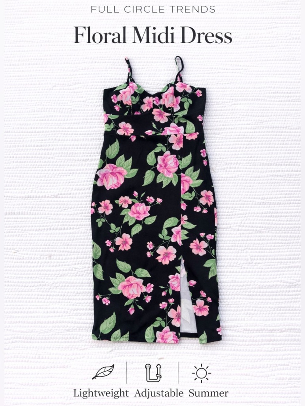 Full Circle Floral Midi Dress Black Pink Roses Slit Spaghetti Strap L